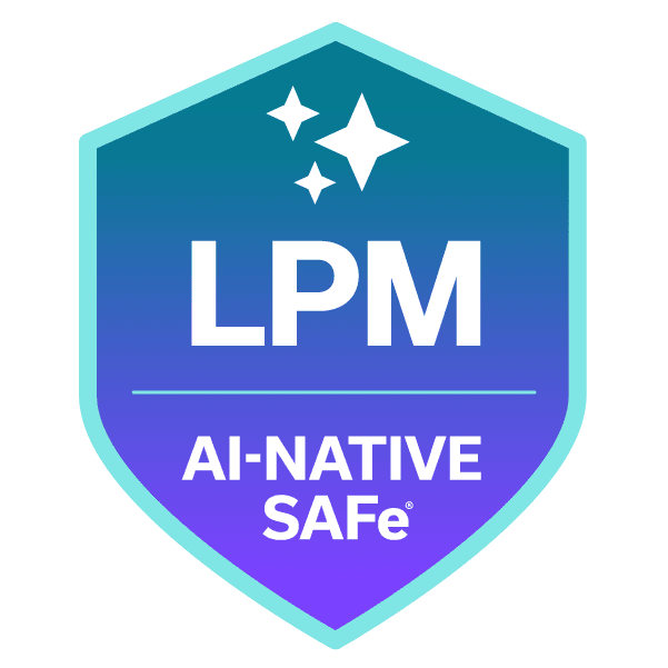 LPM AI-NATIVE SAFe badge with blue and purple hues and stars.
