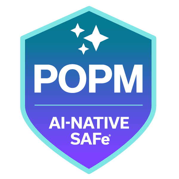 POPM AI-NATIVE SAFe badge, gradient blue and purple, with stars.