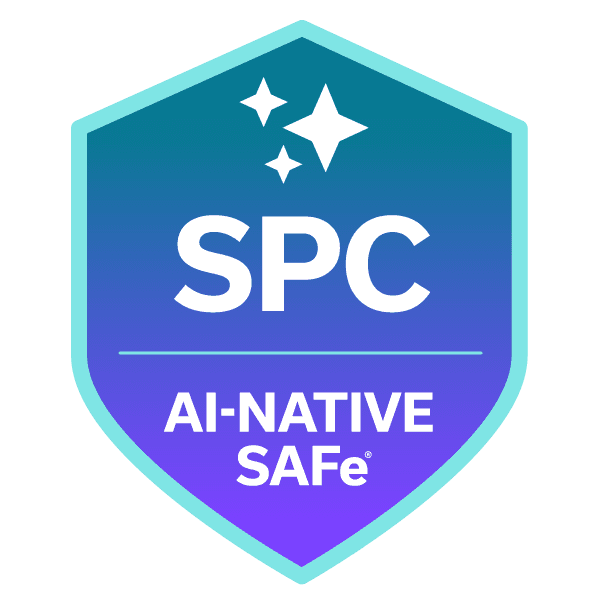 SPC AI-NATIVE SAFe badge, blue and purple, adorned with stars.
