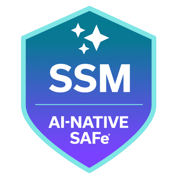 SSM AI-NATIVE SAFe badge, blue and purple colors, with stars.