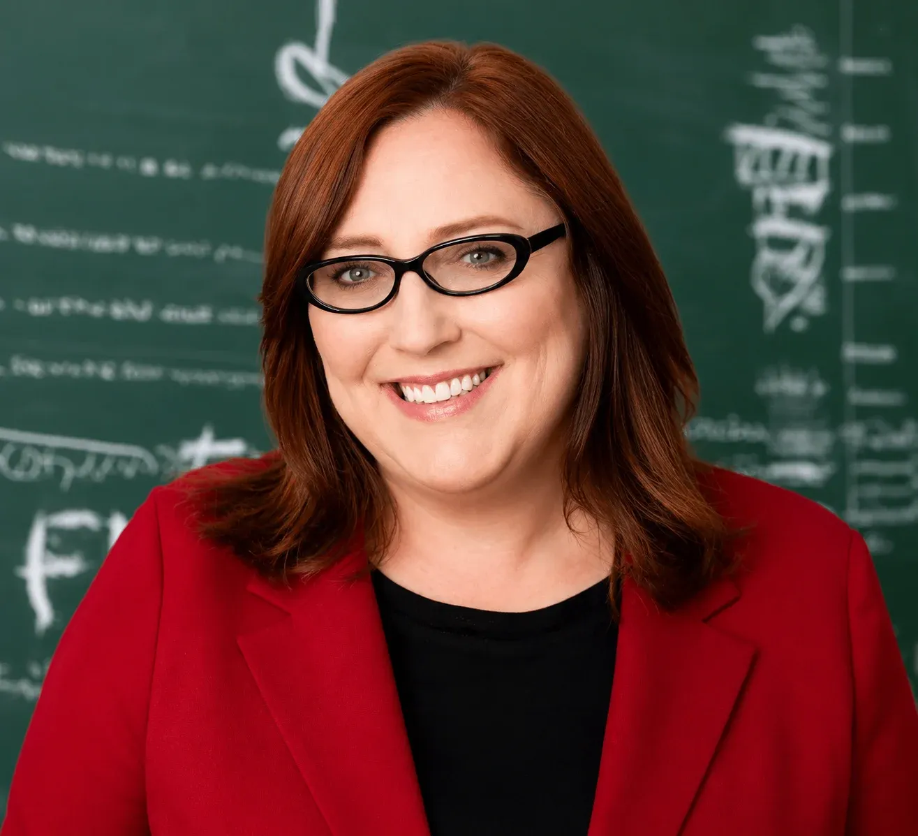 A smiling woman with red hair and glasses wears a red blazer in front of a chalkboard.